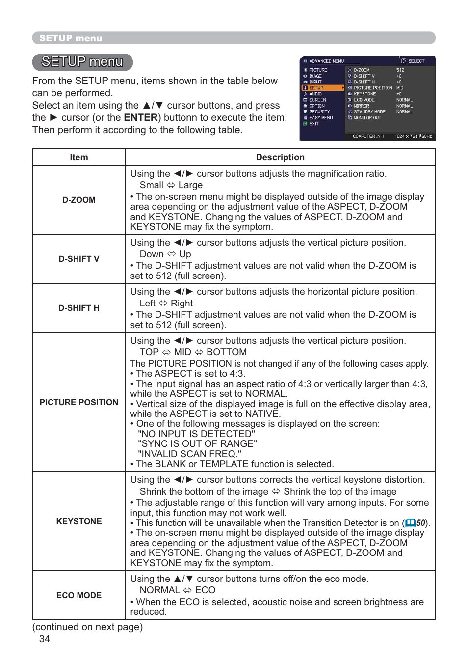 Setup menu | Hitachi CP-D10 User Manual | Page 34 / 65