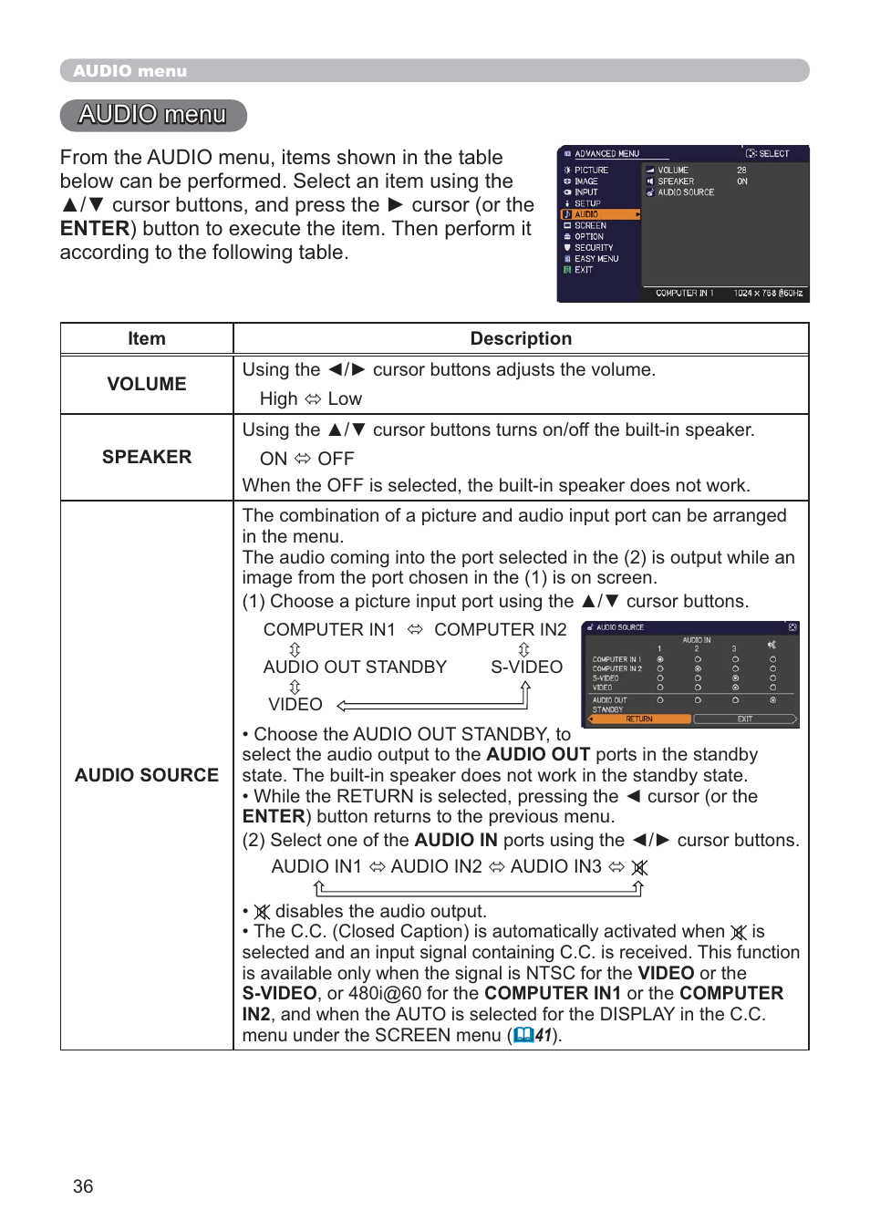 Audio menu | Hitachi CP-D10 User Manual | Page 36 / 65