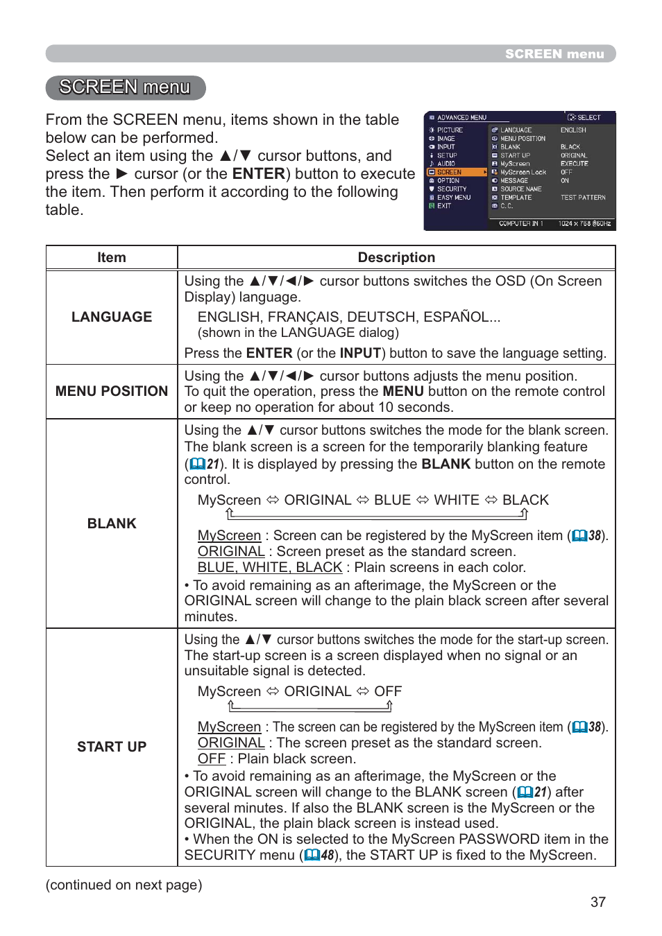 Screen menu | Hitachi CP-D10 User Manual | Page 37 / 65