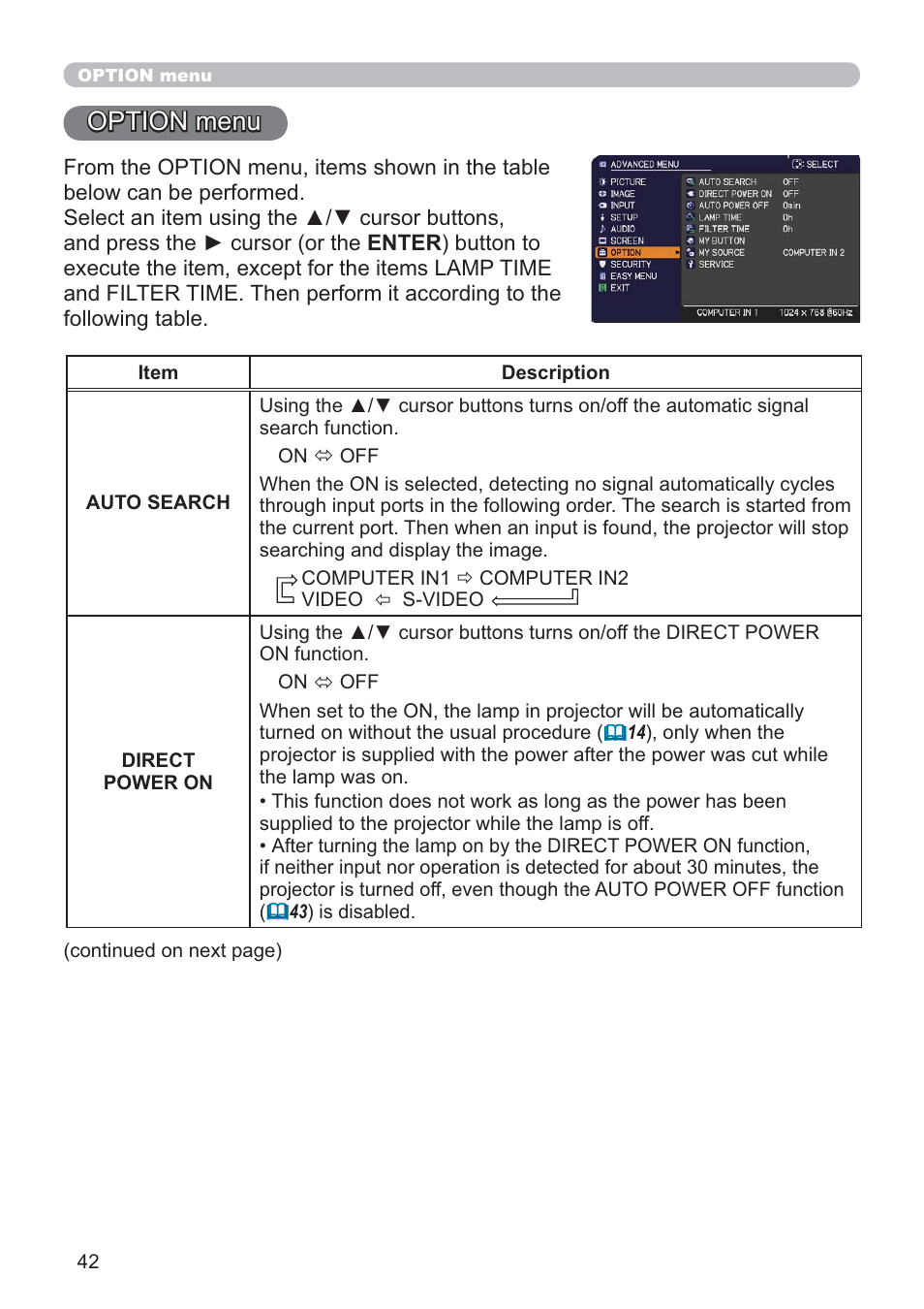 Option menu | Hitachi CP-D10 User Manual | Page 42 / 65