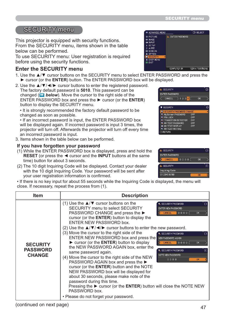 Security menu | Hitachi CP-D10 User Manual | Page 47 / 65