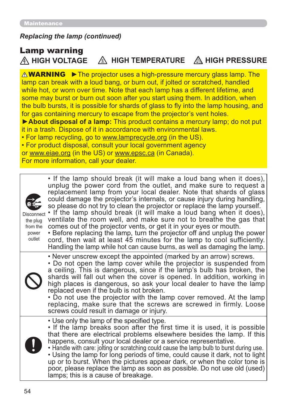 Lamp warning | Hitachi CP-D10 User Manual | Page 54 / 65