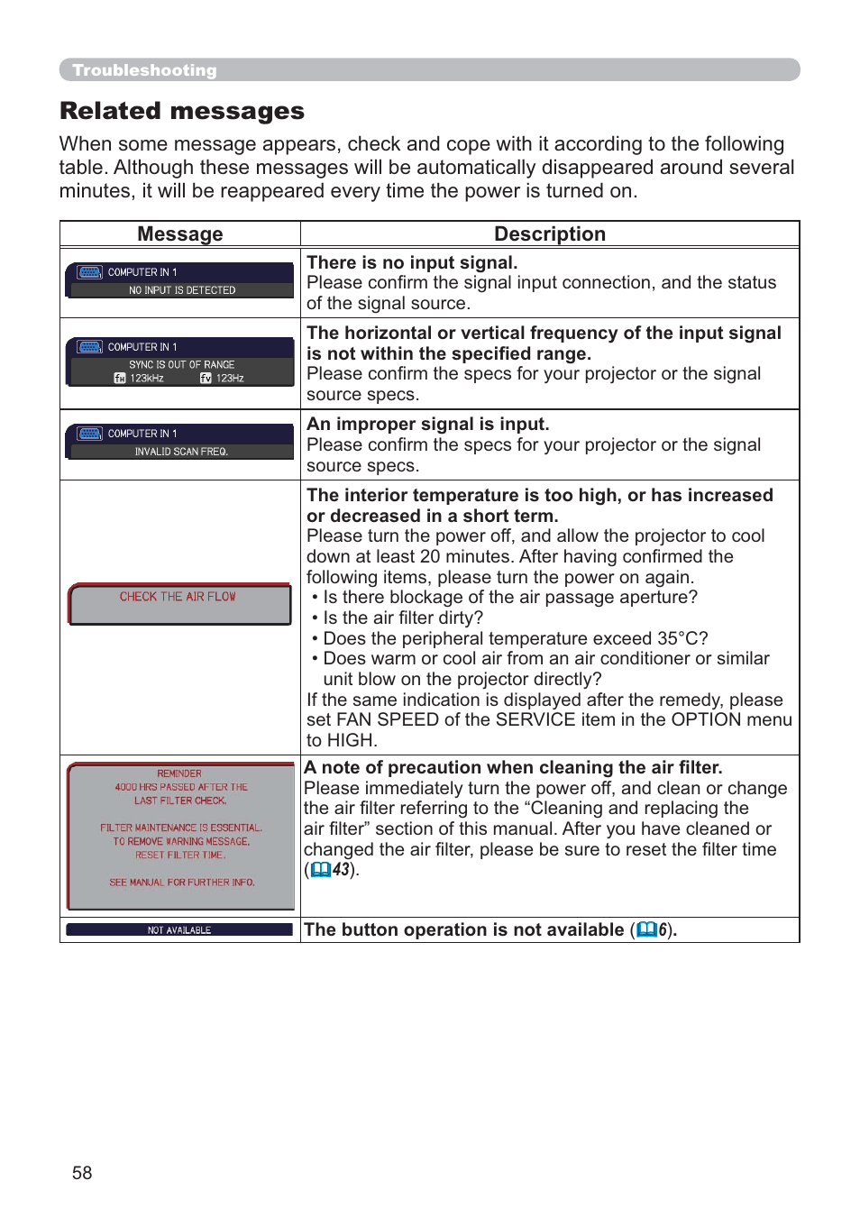 Related messages | Hitachi CP-D10 User Manual | Page 58 / 65