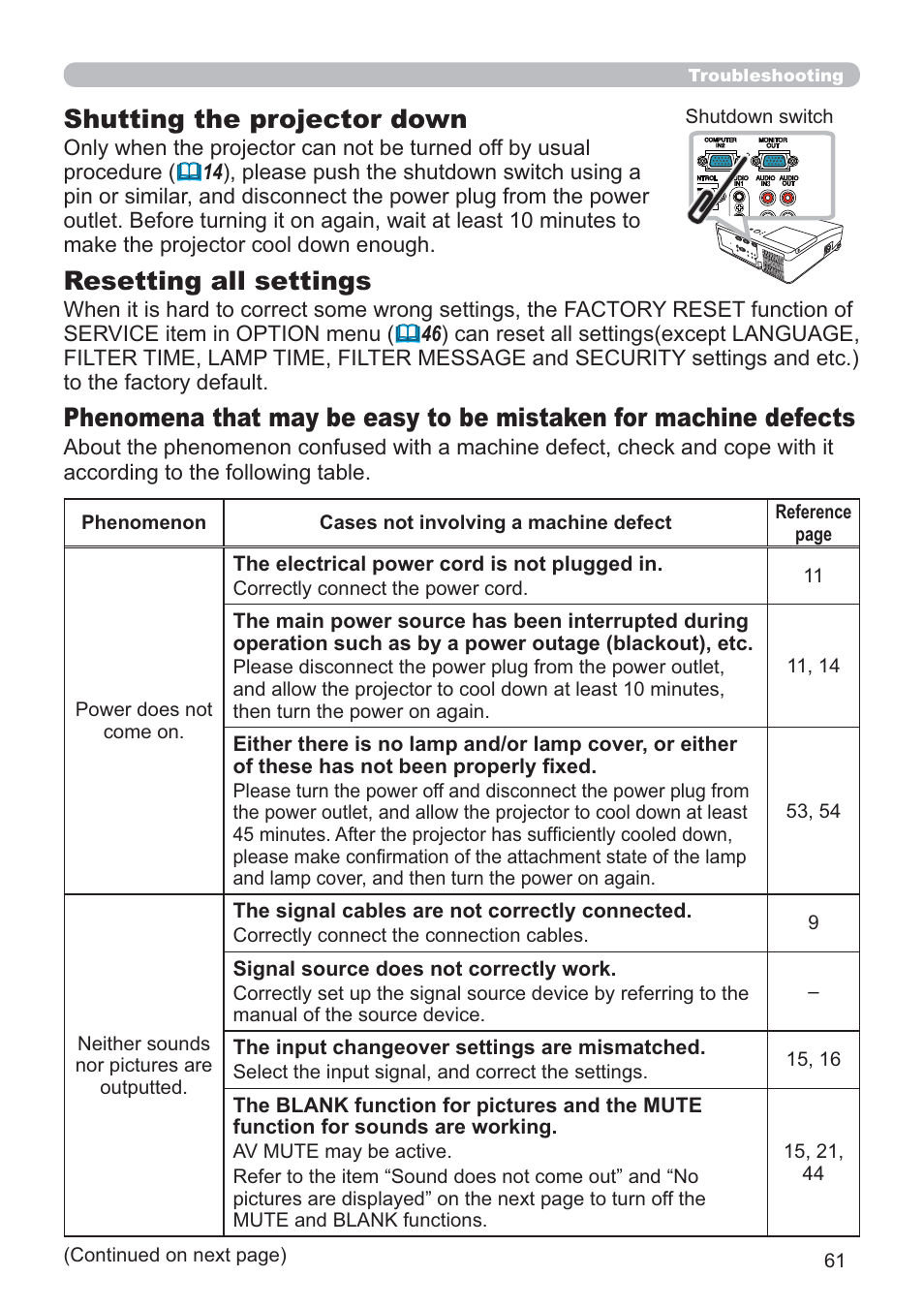 Resetting all settings, Shutting the projector down | Hitachi CP-D10 User Manual | Page 61 / 65