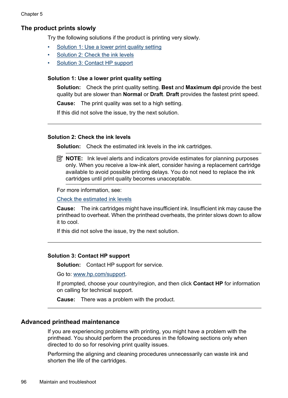 The product prints slowly, Advanced printhead maintenance | HP Officejet 6000 User Manual | Page 100 / 168