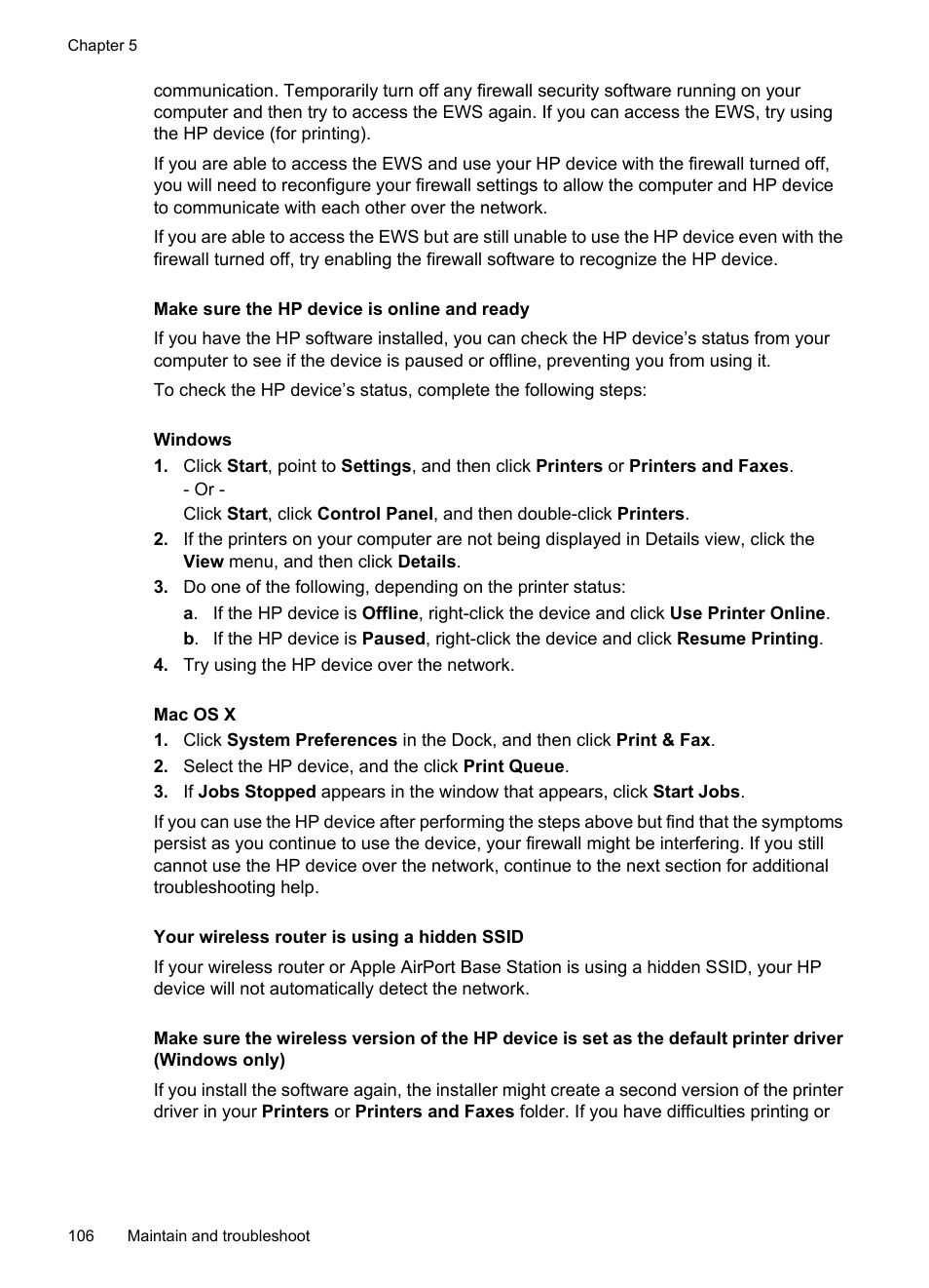 Make sure the hp device is online and ready, Your wireless router is using a hidden ssid | HP Officejet 6000 User Manual | Page 110 / 168