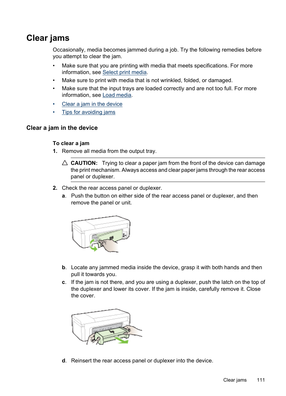 Clear jams, Clear a jam in the device, Clear a jam in the device tips for avoiding jams | HP Officejet 6000 User Manual | Page 115 / 168