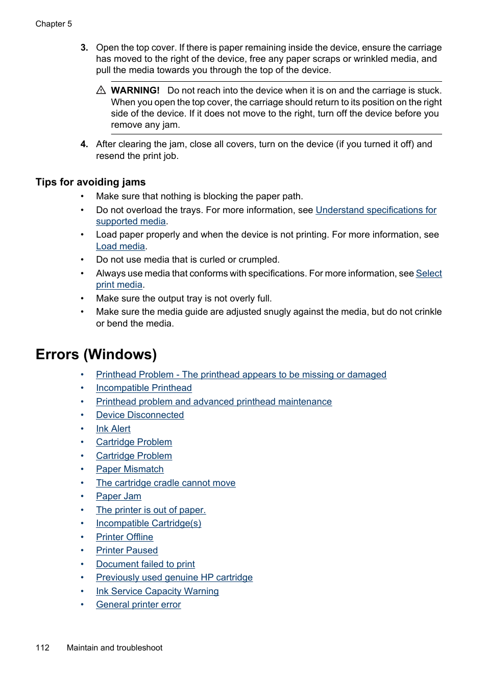 Tips for avoiding jams, Errors (windows), Device disconnected ink alert | Cartridge problem | HP Officejet 6000 User Manual | Page 116 / 168