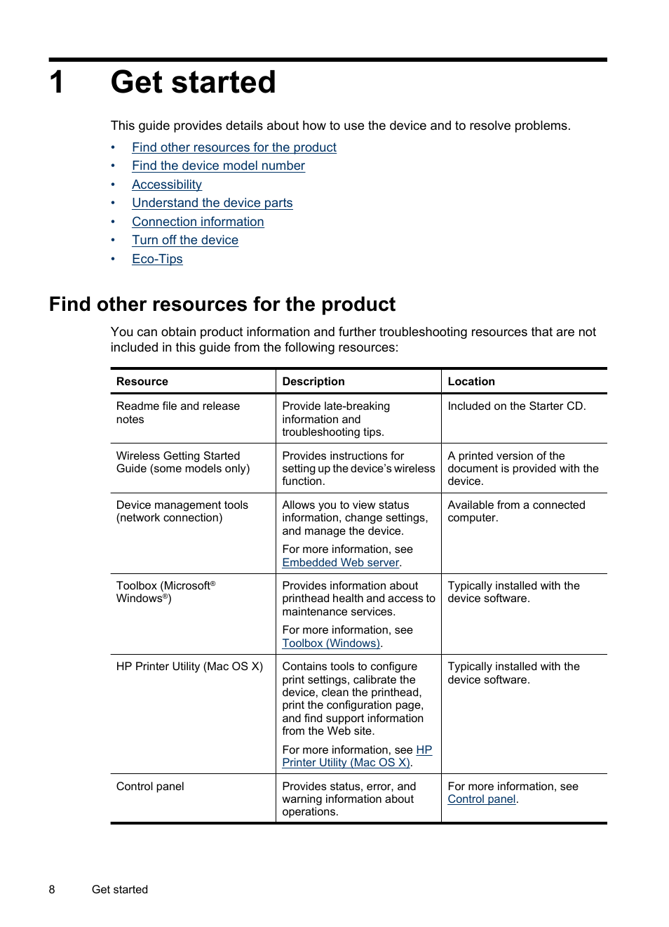 Get started, Find other resources for the product, 1 get started | 1get started | HP Officejet 6000 User Manual | Page 12 / 168