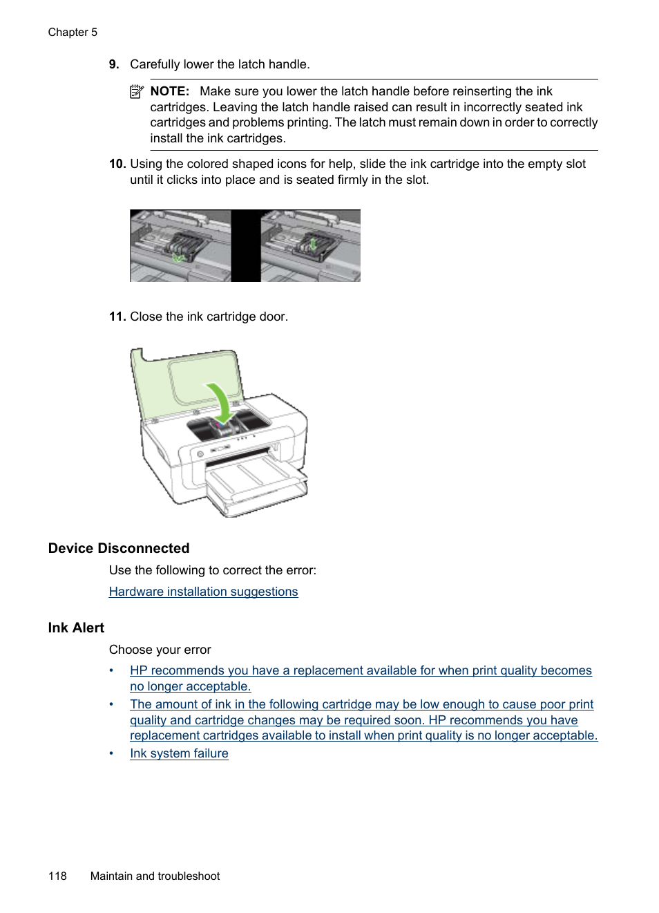 Device disconnected, Ink alert | HP Officejet 6000 User Manual | Page 122 / 168