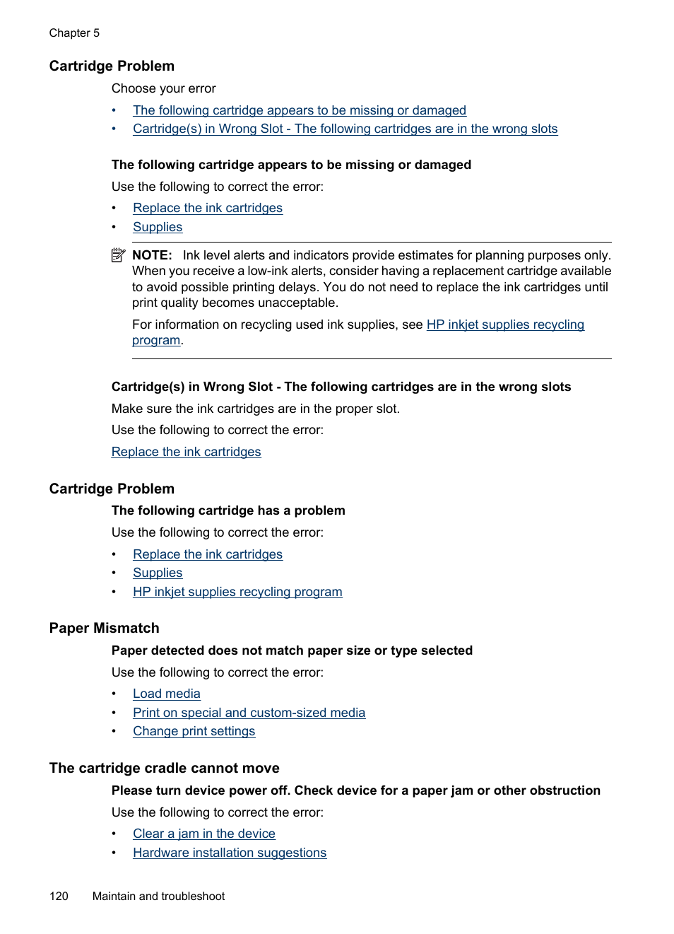 Cartridge problem, Paper mismatch, The cartridge cradle cannot move | HP Officejet 6000 User Manual | Page 124 / 168