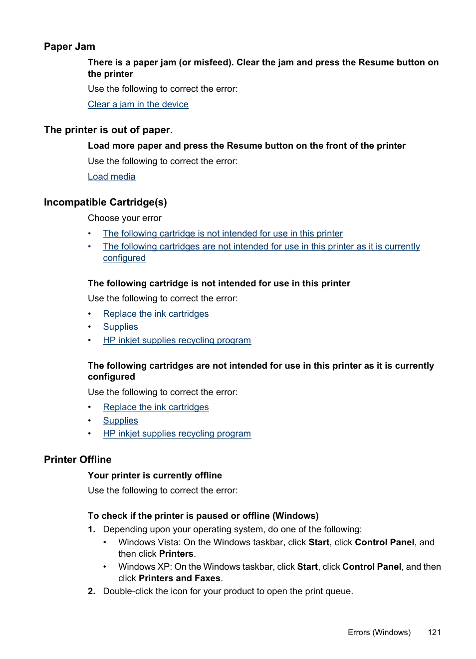 Paper jam, The printer is out of paper, Incompatible cartridge(s) | Printer offline | HP Officejet 6000 User Manual | Page 125 / 168