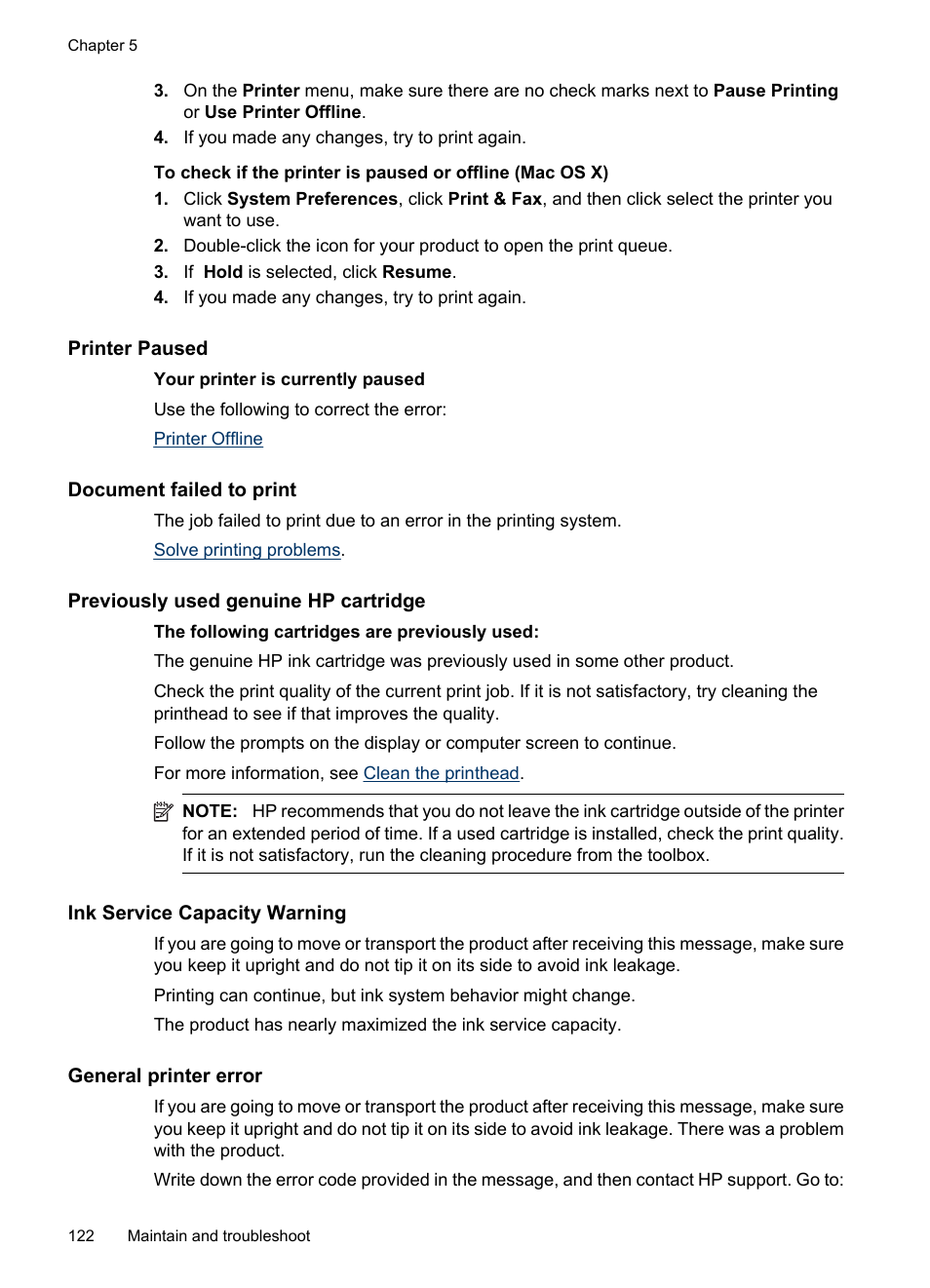 Printer paused, Document failed to print, Previously used genuine hp cartridge | Ink service capacity warning, General printer error | HP Officejet 6000 User Manual | Page 126 / 168