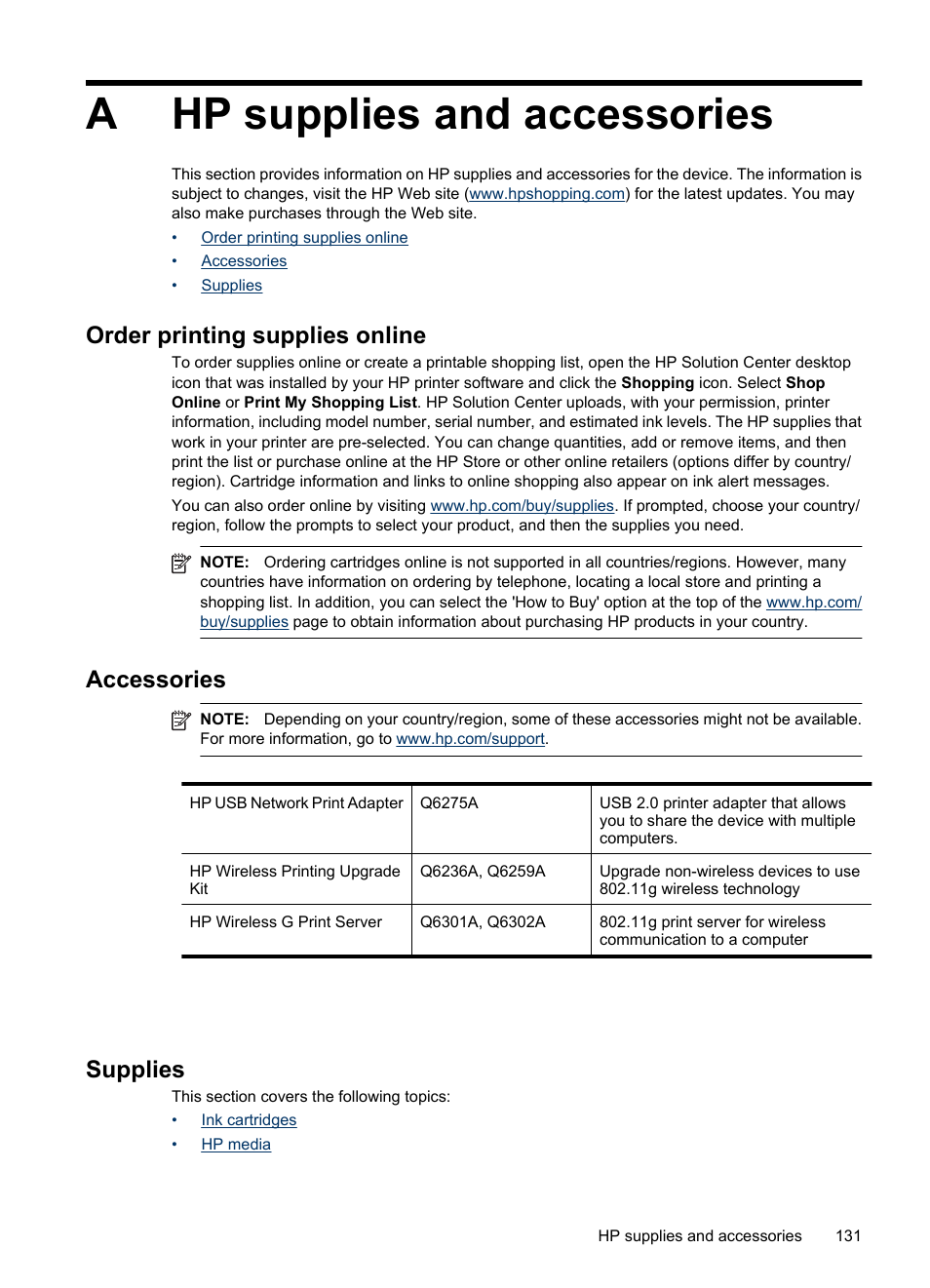 Hp supplies and accessories, Order printing supplies online, Accessories | Supplies, A hp supplies and accessories, Ink cartridges hp media, Order printing, Supplies online, Ahp supplies and accessories | HP Officejet 6000 User Manual | Page 135 / 168