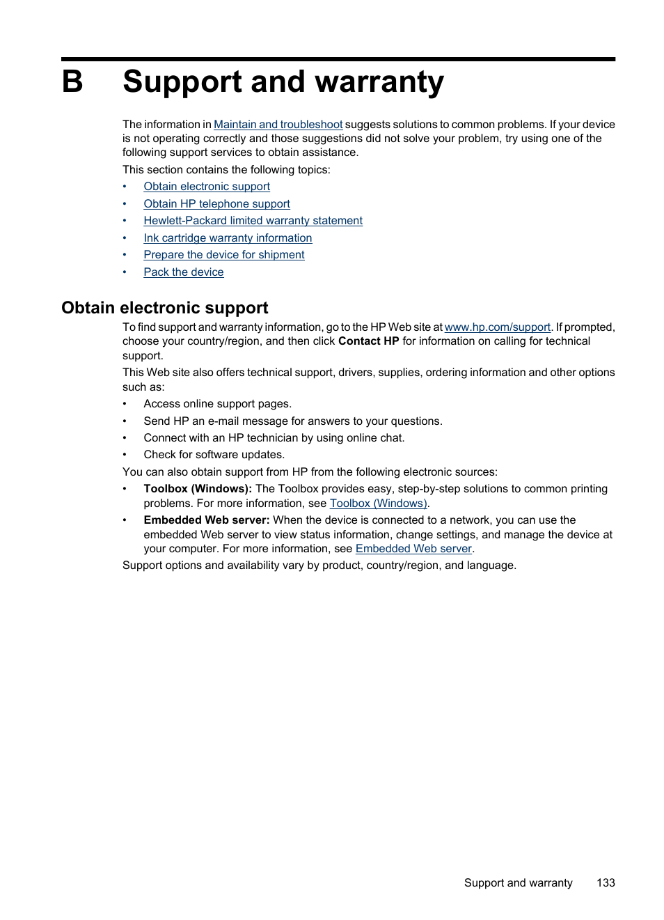 Support and warranty, Obtain electronic support, B support and warranty | Bsupport and warranty | HP Officejet 6000 User Manual | Page 137 / 168