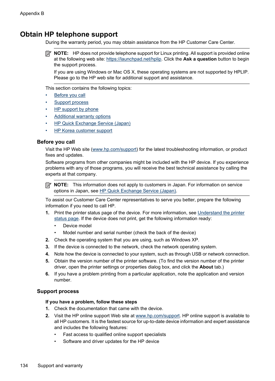 Obtain hp telephone support, Before you call, Support process | HP Officejet 6000 User Manual | Page 138 / 168