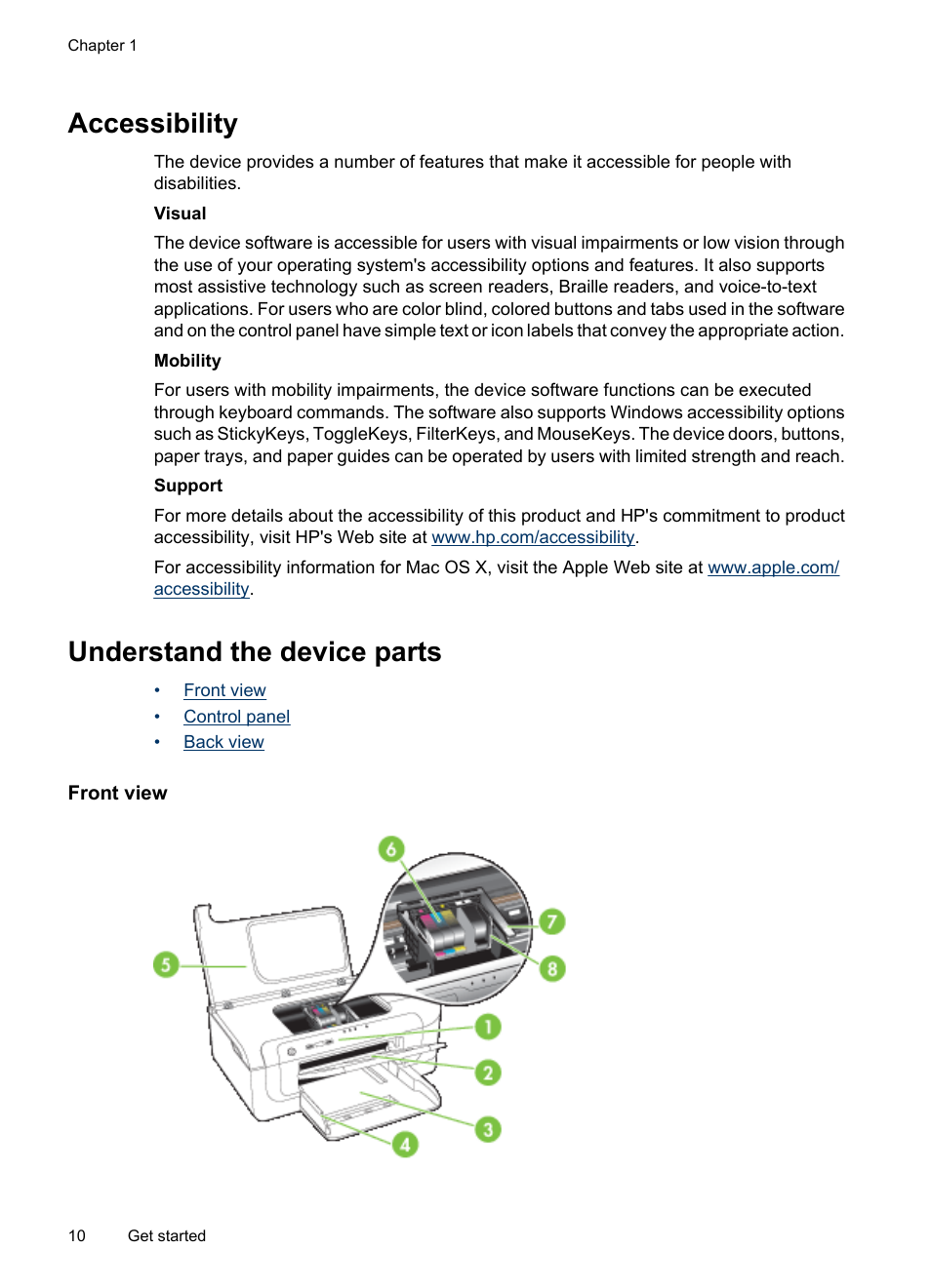 Accessibility, Understand the device parts, Front view | Accessibility understand the device parts, Front view control panel back view | HP Officejet 6000 User Manual | Page 14 / 168