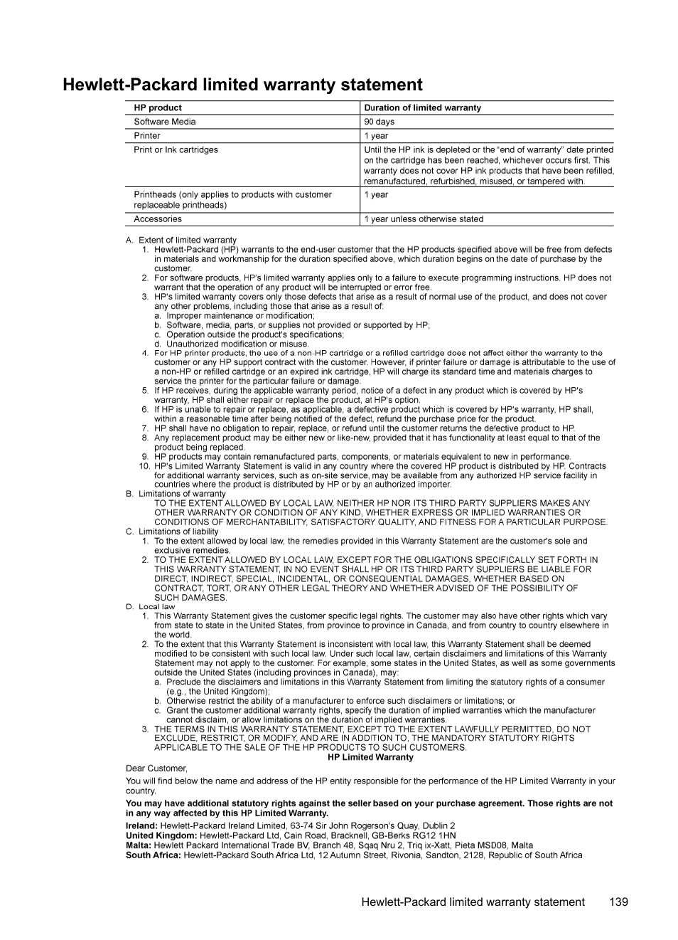 Hewlett-packard limited warranty statement | HP Officejet 6000 User Manual | Page 143 / 168