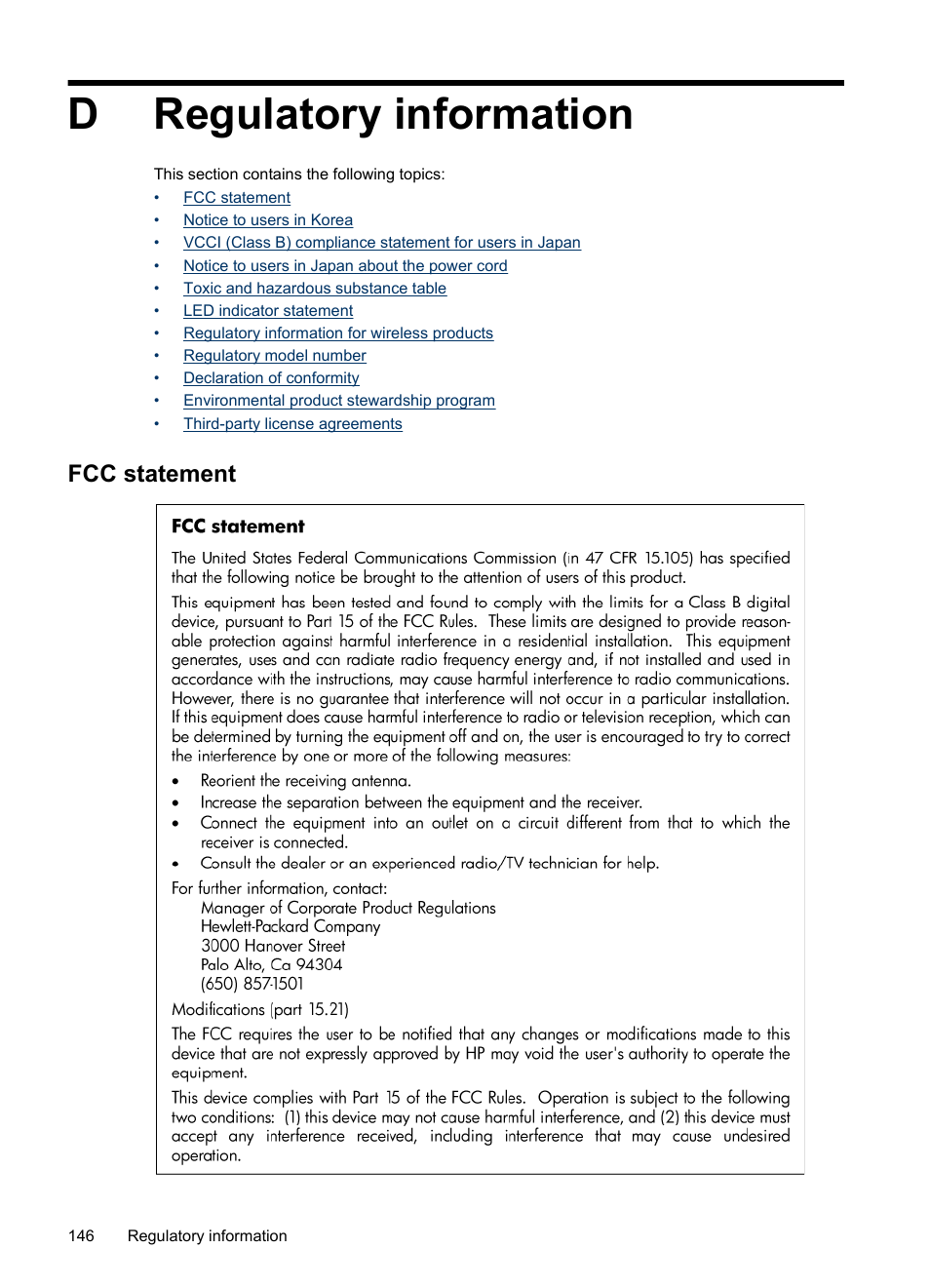 Regulatory information, Fcc statement, D regulatory information | Dregulatory information | HP Officejet 6000 User Manual | Page 150 / 168