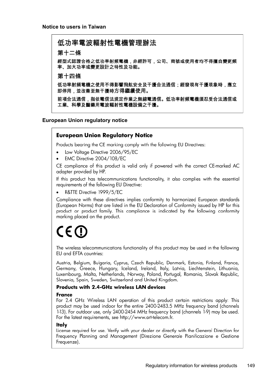 Notice to users in taiwan, European union regulatory notice | HP Officejet 6000 User Manual | Page 153 / 168