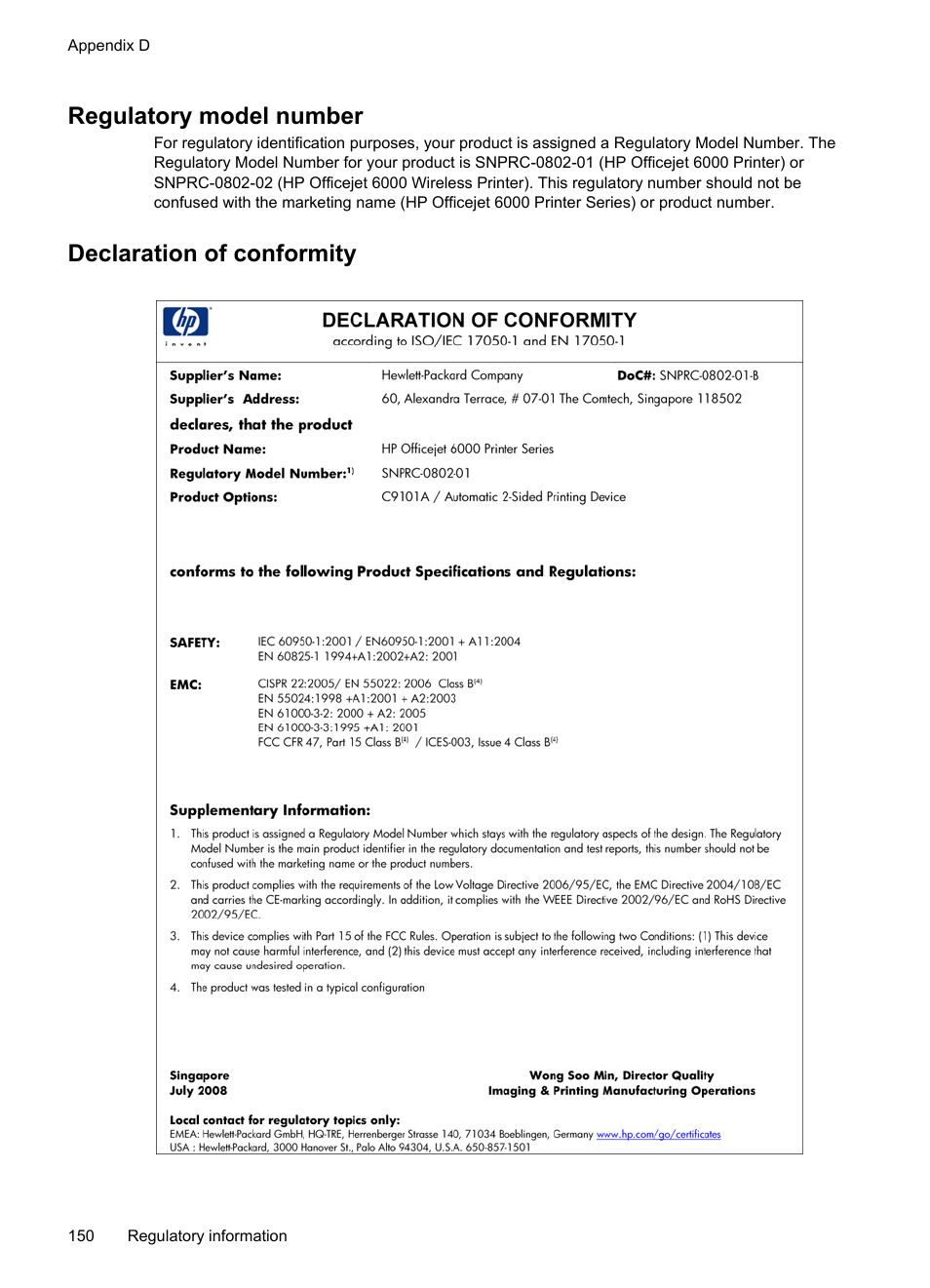 Regulatory model number, Declaration of conformity, Regulatory model number declaration of conformity | HP Officejet 6000 User Manual | Page 154 / 168