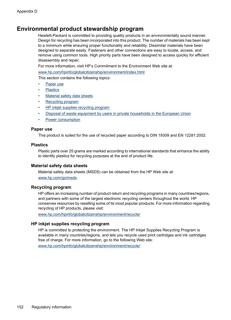 Environmental product stewardship program, Paper use, Plastics | Material safety data sheets, Recycling program, Hp inkjet supplies recycling program, Hp inkjet supplies, Ink supplies, see, Hp inkjet supplies recycling, Program | HP Officejet 6000 User Manual | Page 156 / 168