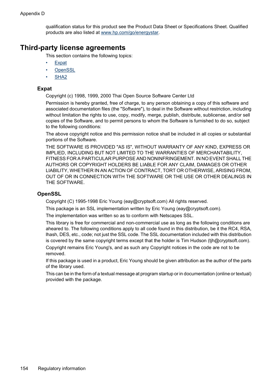 Third-party license agreements, Expat, Openssl | Expat openssl sha2 | HP Officejet 6000 User Manual | Page 158 / 168