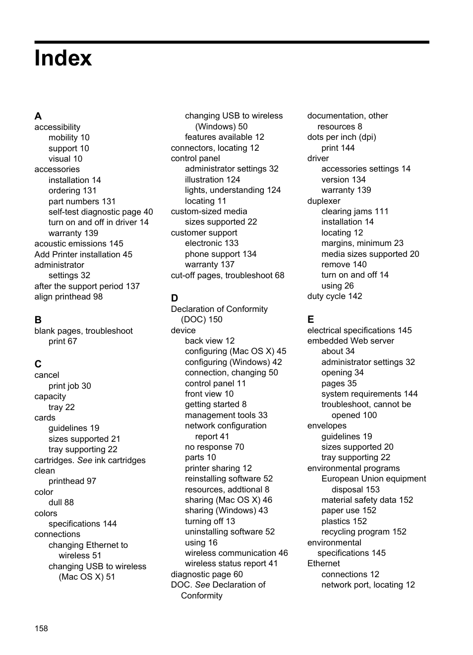 Index | HP Officejet 6000 User Manual | Page 162 / 168