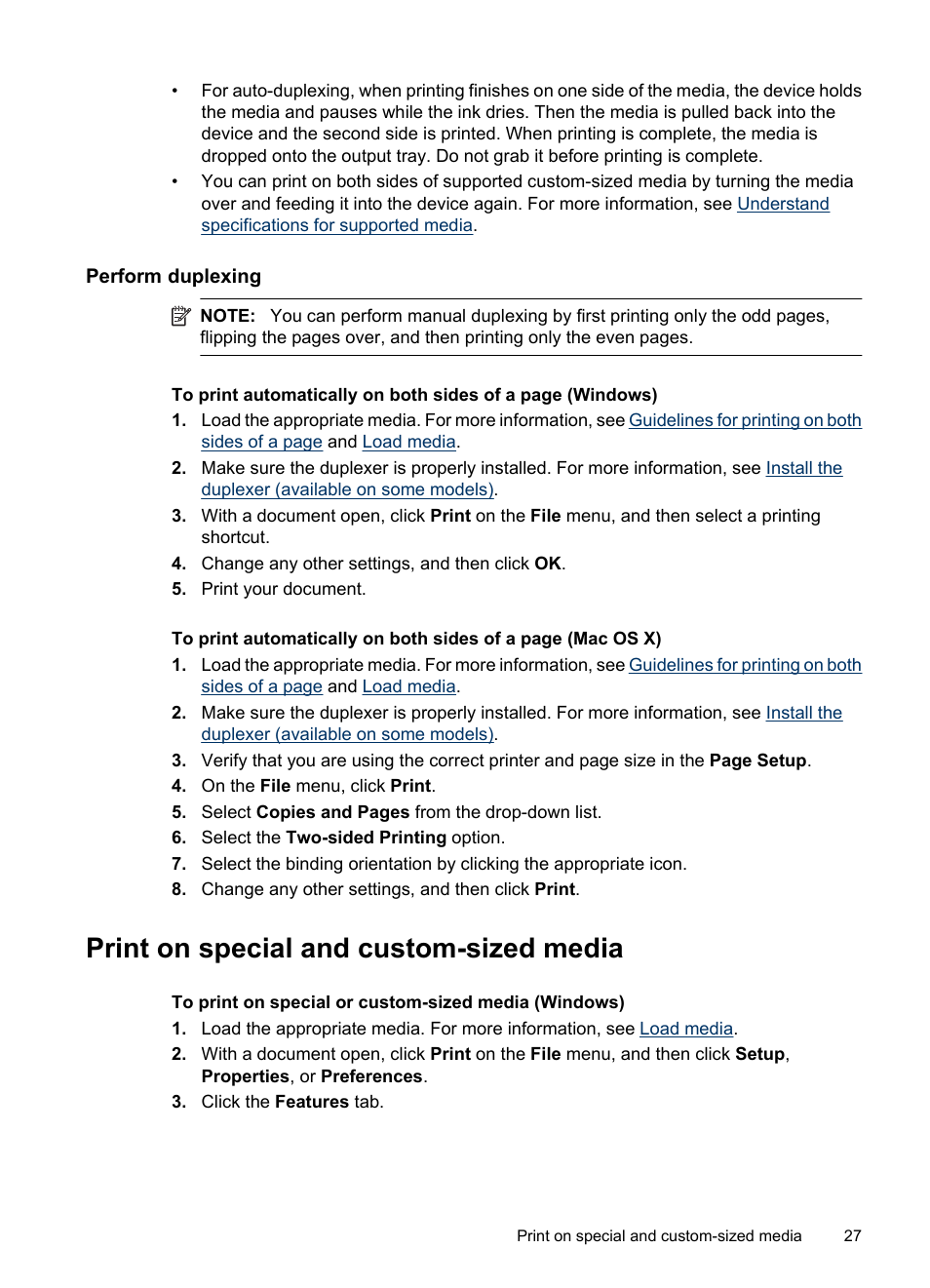 Perform duplexing, Print on special and custom-sized media | HP Officejet 6000 User Manual | Page 31 / 168