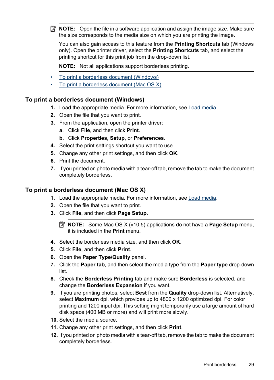 To print a borderless document (windows), To print a borderless document (mac os x) | HP Officejet 6000 User Manual | Page 33 / 168