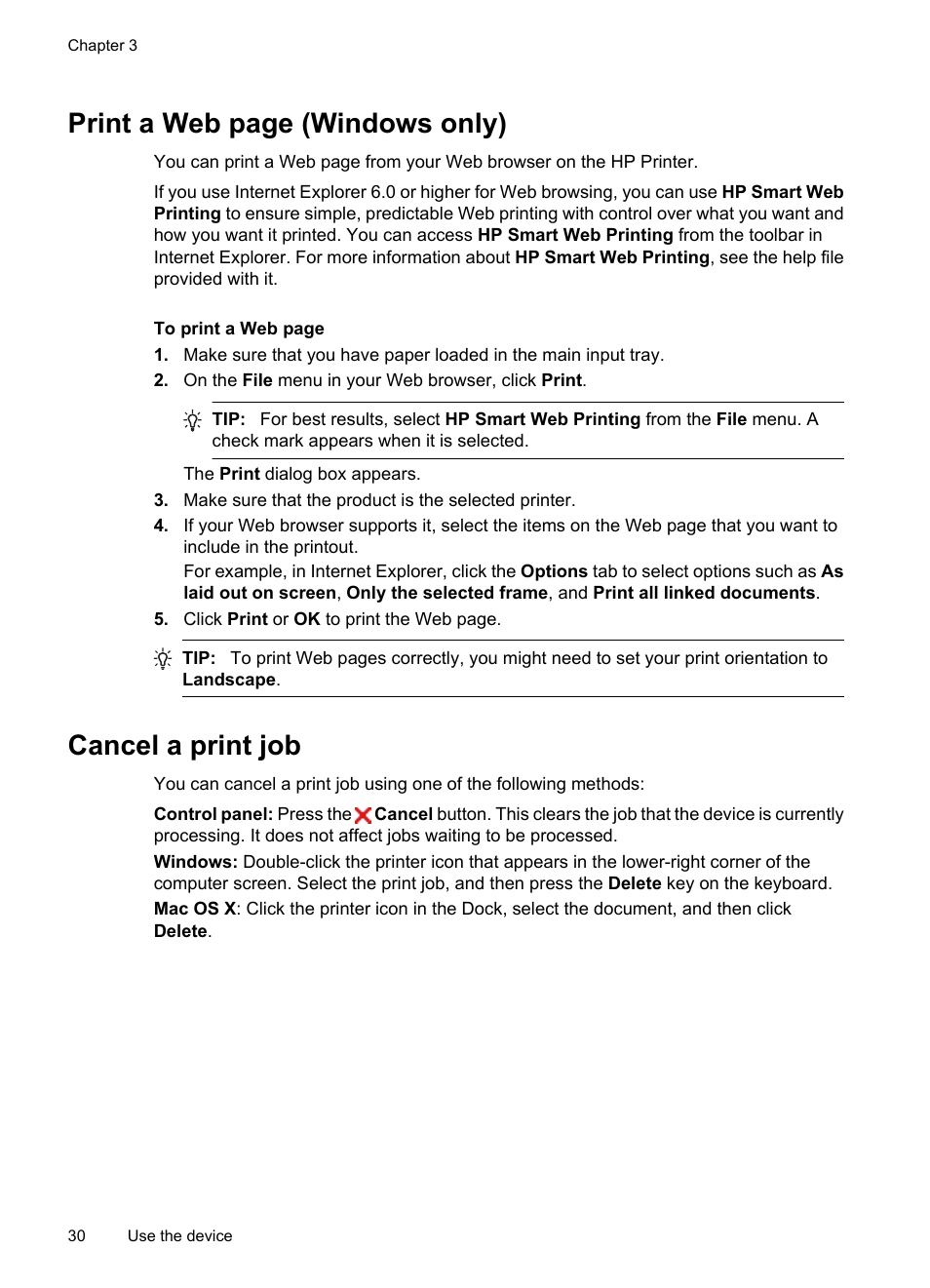 Cancel a print job, Print a web page (windows only) | HP Officejet 6000 User Manual | Page 34 / 168