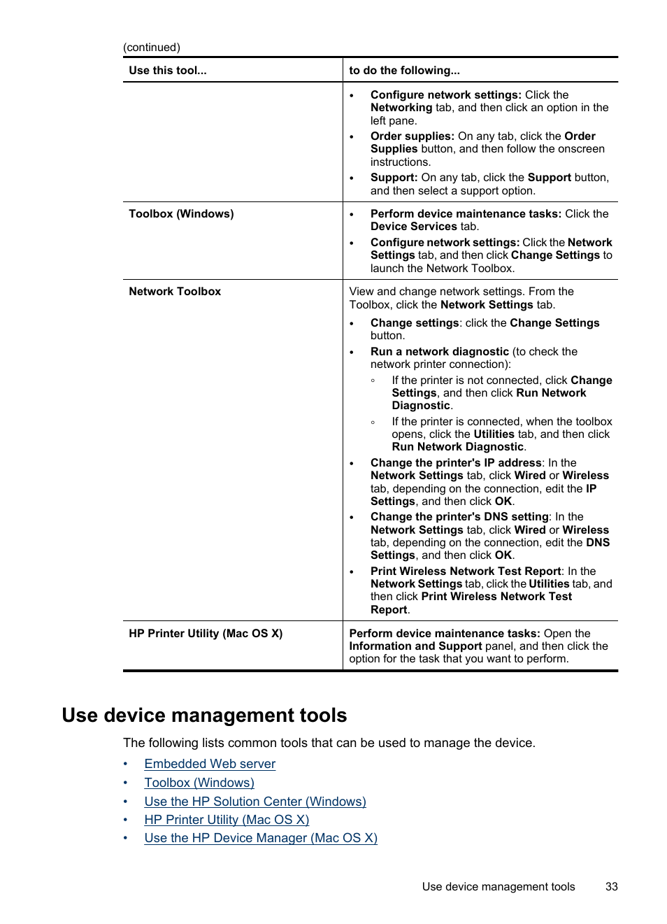 Use device management tools, Embedded web server, Toolbox (windows) | Open the toolbox toolbox tabs network toolbox, Use the hp device manager (mac os x) | HP Officejet 6000 User Manual | Page 37 / 168