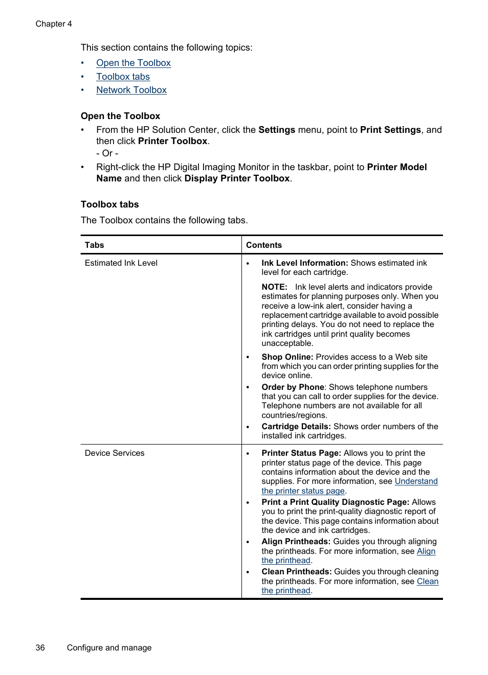 Open the toolbox, Toolbox tabs | HP Officejet 6000 User Manual | Page 40 / 168