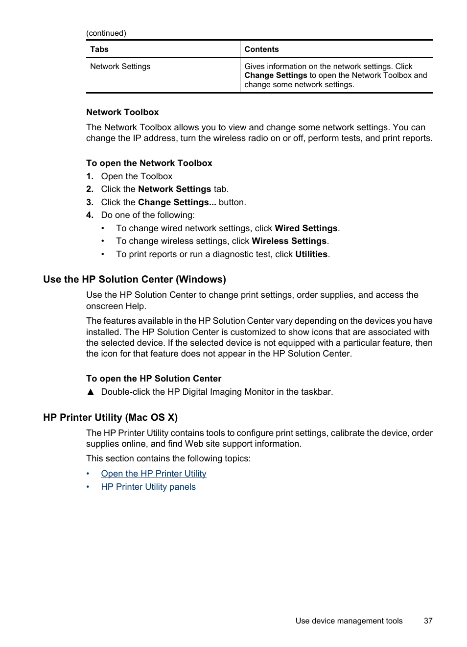 Network toolbox, Use the hp solution center (windows), Hp printer utility (mac os x) | Printer utility (mac os x), Use the hp, Solution center (windows) | HP Officejet 6000 User Manual | Page 41 / 168