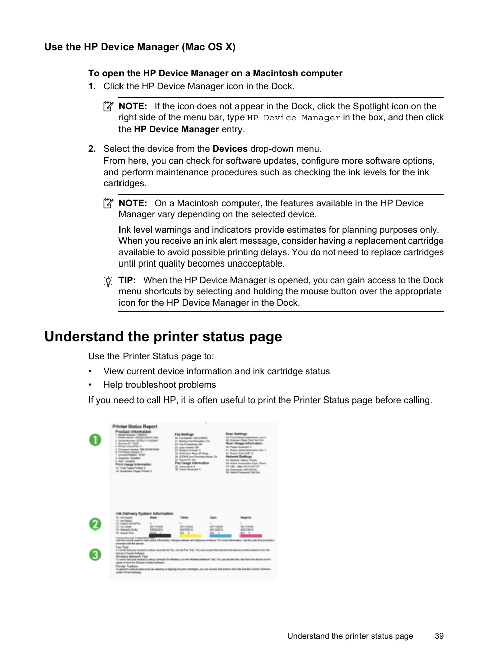 Use the hp device manager (mac os x), Understand, Understand the printer status page | HP Officejet 6000 User Manual | Page 43 / 168