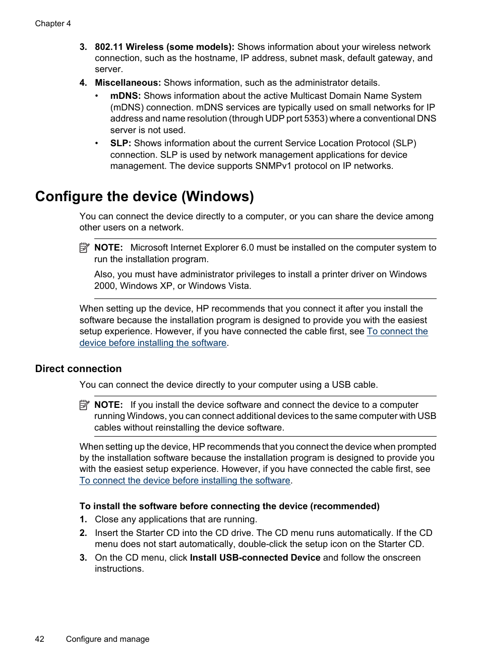 Configure the device (windows), Direct connection, Network connection | Configure the device, Windows) | HP Officejet 6000 User Manual | Page 46 / 168