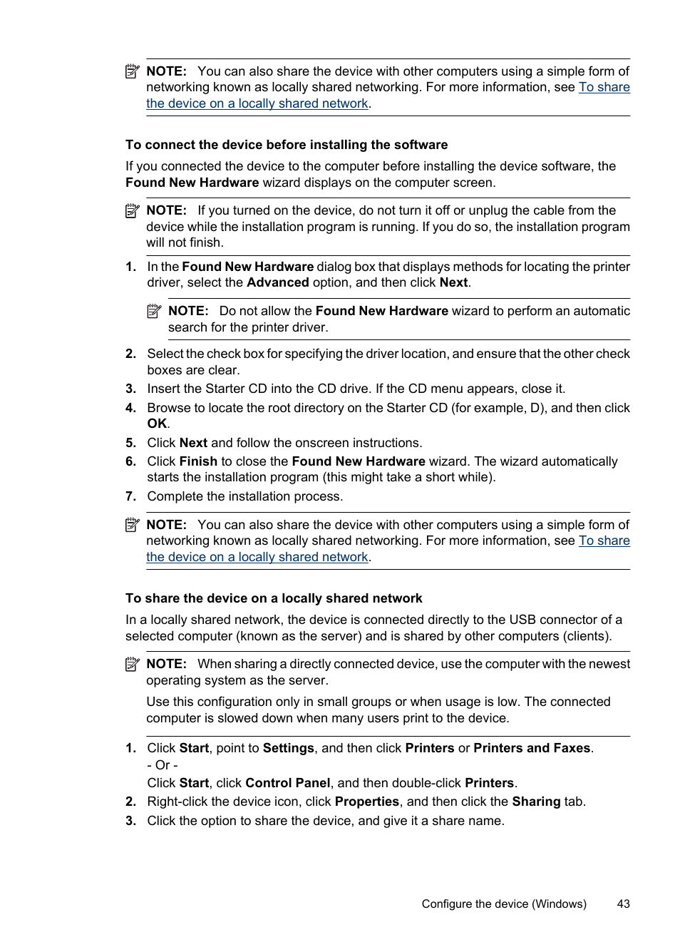 To share the device on a locally shared network, To connect the, Device before installing the software | HP Officejet 6000 User Manual | Page 47 / 168