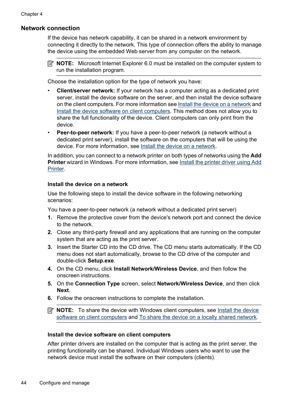 Network connection, Install the device on a network, Install the device software on client computers | HP Officejet 6000 User Manual | Page 48 / 168