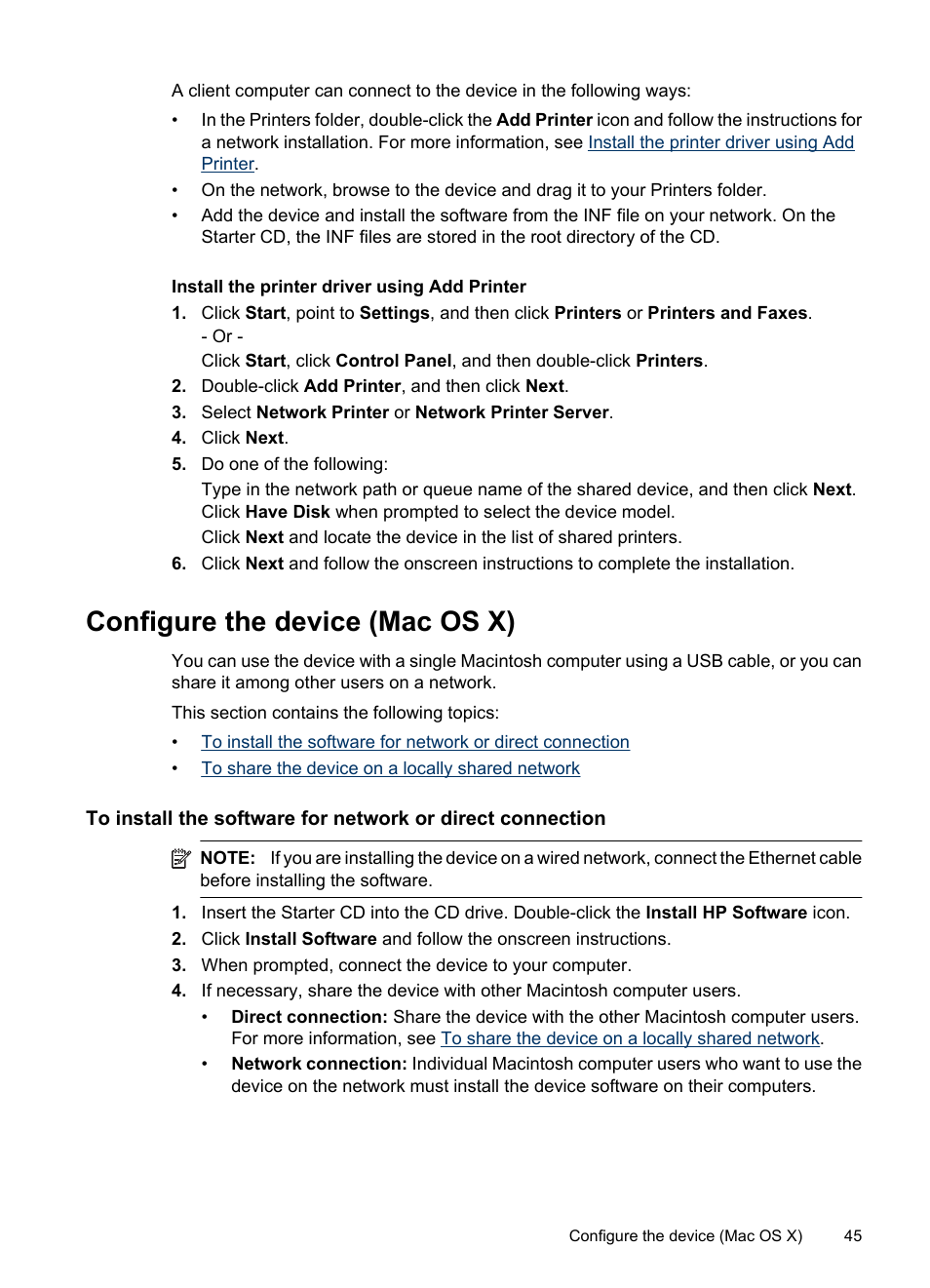 Install the printer driver using add printer, Configure the device (mac os x), Configure | The device (mac os x), Install the printer driver using add, Printer | HP Officejet 6000 User Manual | Page 49 / 168