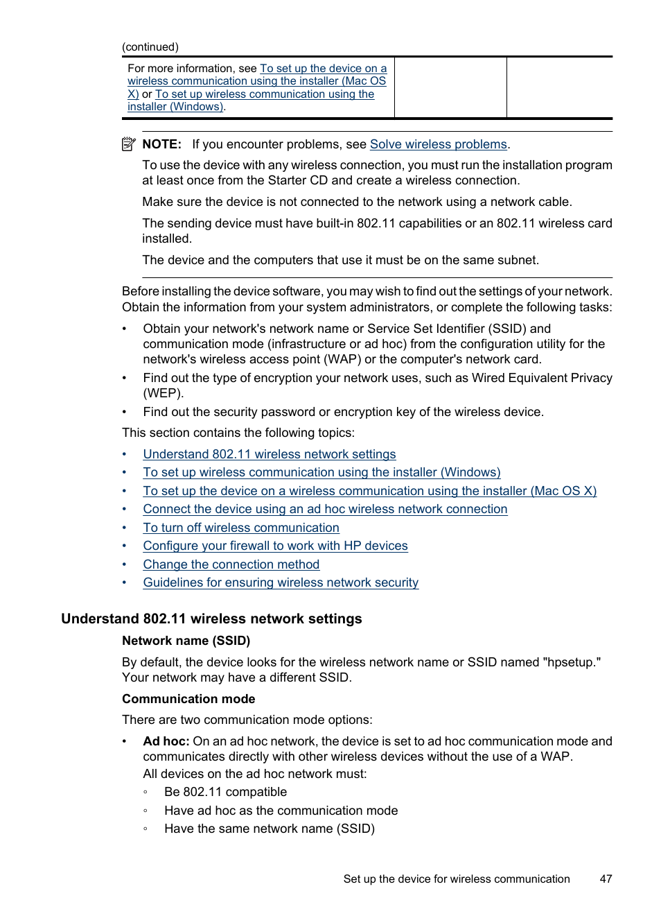 Understand 802.11 wireless network settings | HP Officejet 6000 User Manual | Page 51 / 168