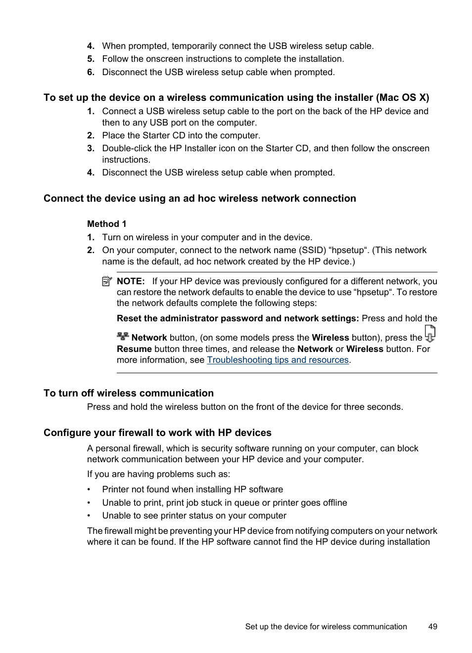 To turn off wireless communication, Configure your firewall to work with hp devices, To set up the device on a | HP Officejet 6000 User Manual | Page 53 / 168