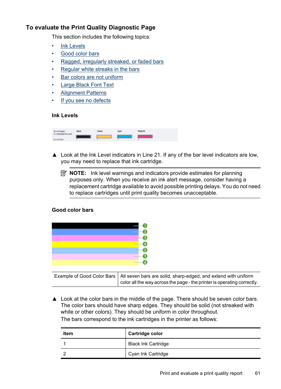 Ink levels, Good color bars | HP Officejet 6000 User Manual | Page 65 / 168