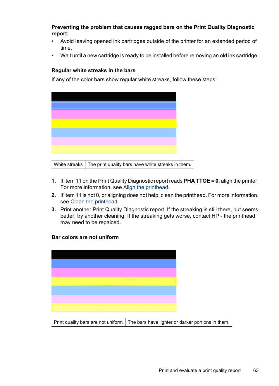 Regular white streaks in the bars, Bar colors are not uniform | HP Officejet 6000 User Manual | Page 67 / 168