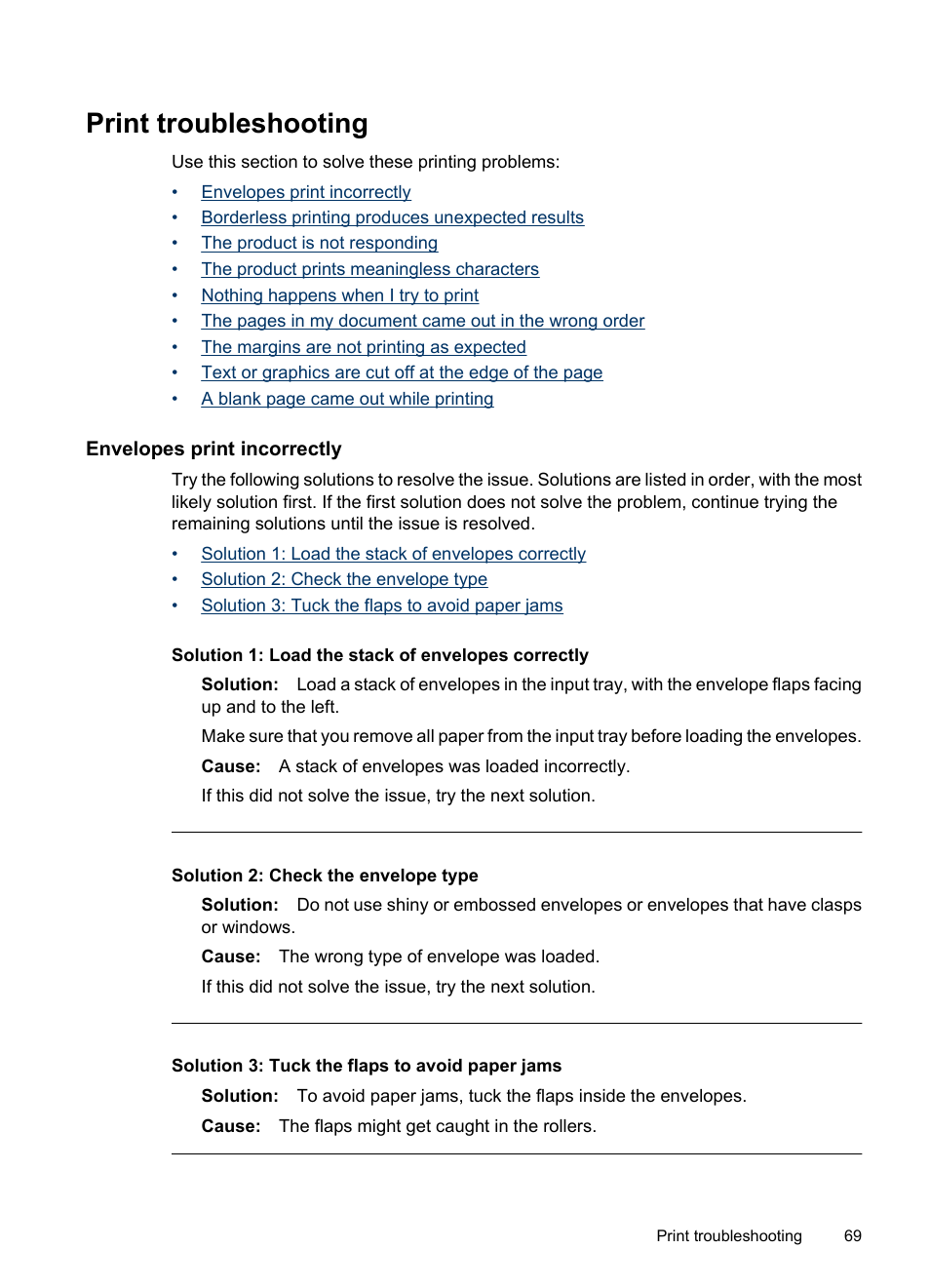 Print troubleshooting, Envelopes print incorrectly | HP Officejet 6000 User Manual | Page 73 / 168