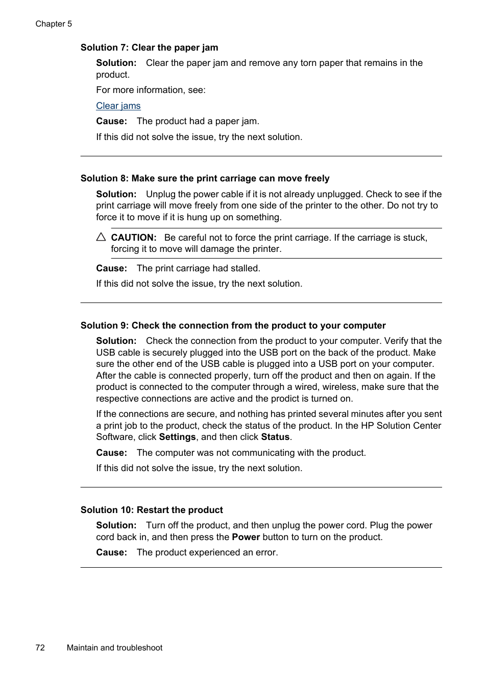 Solution 7: clear the paper jam, Solution 10: restart the product | HP Officejet 6000 User Manual | Page 76 / 168