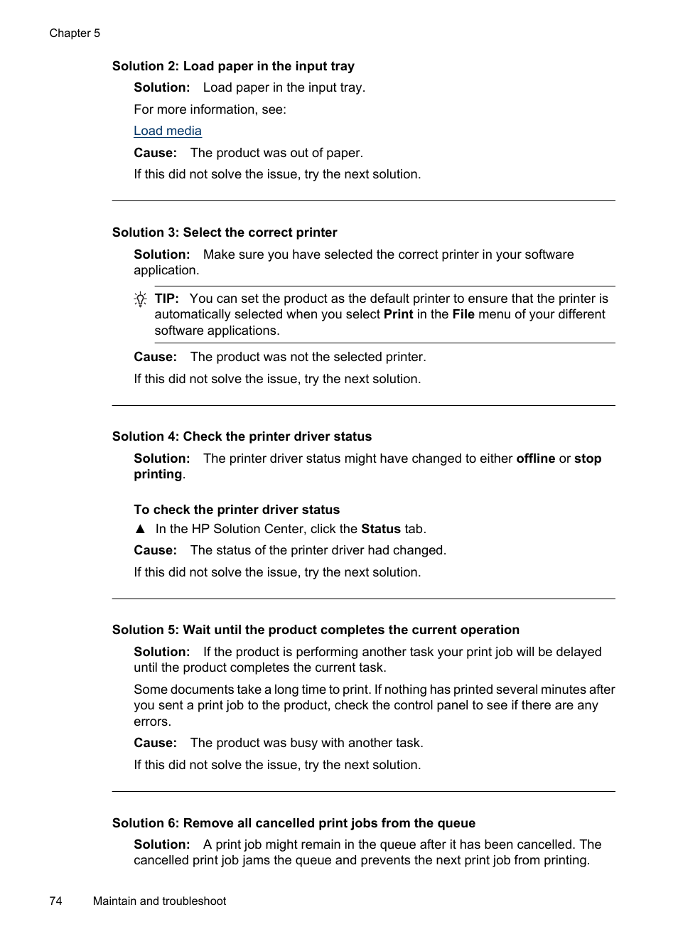 Solution 2: load paper in the input tray, Solution 3: select the correct printer, Solution 4: check the printer driver status | HP Officejet 6000 User Manual | Page 78 / 168