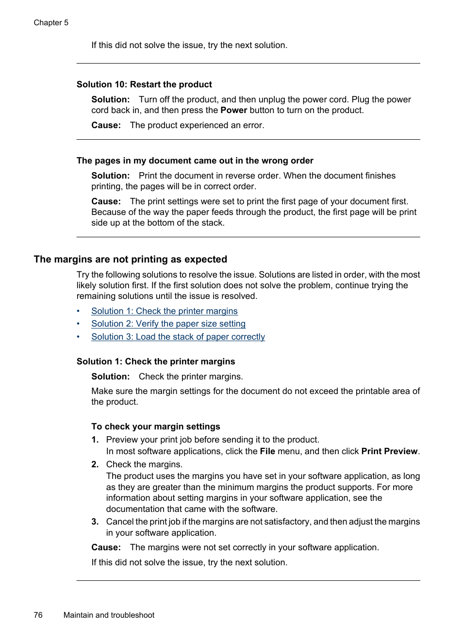 The margins are not printing as expected, Solution 10: restart the product | HP Officejet 6000 User Manual | Page 80 / 168