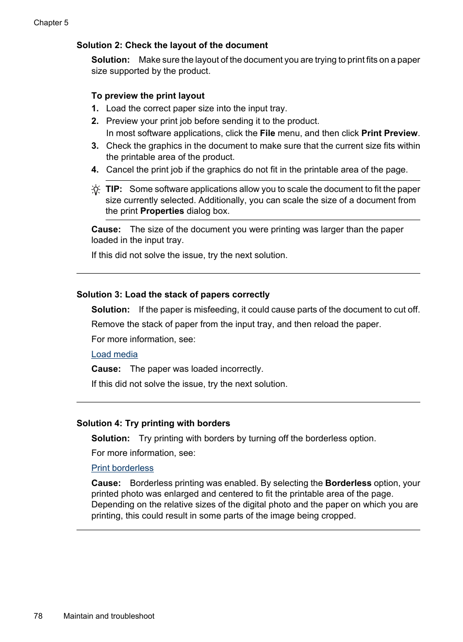 Solution 2: check the layout of the document, Solution 3: load the stack of papers correctly, Solution 4: try printing with borders | HP Officejet 6000 User Manual | Page 82 / 168