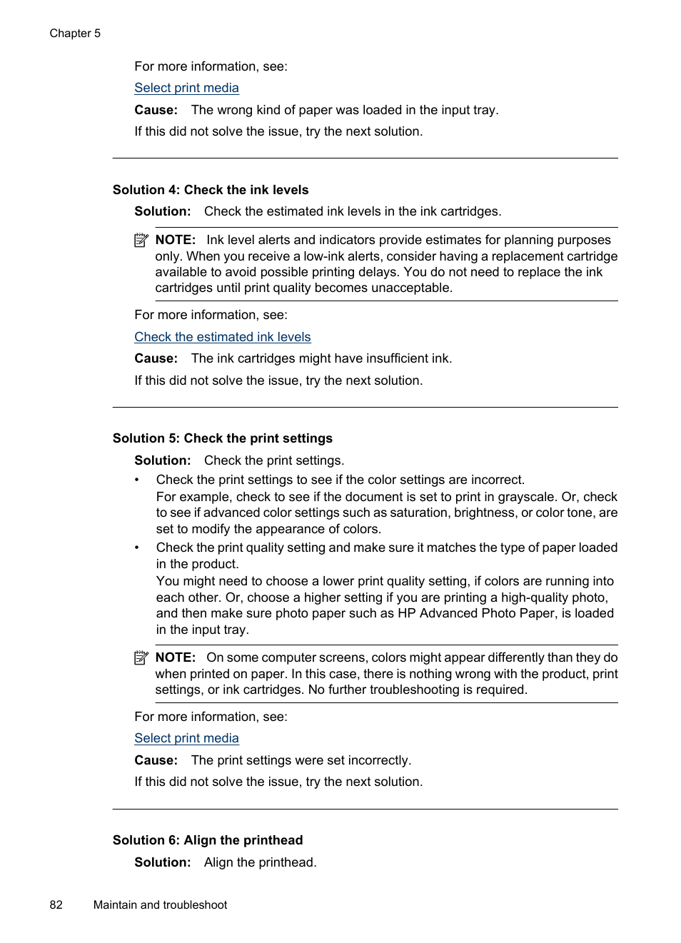 Solution 4: check the ink levels, Solution 5: check the print settings, Solution 6: align the printhead | HP Officejet 6000 User Manual | Page 86 / 168