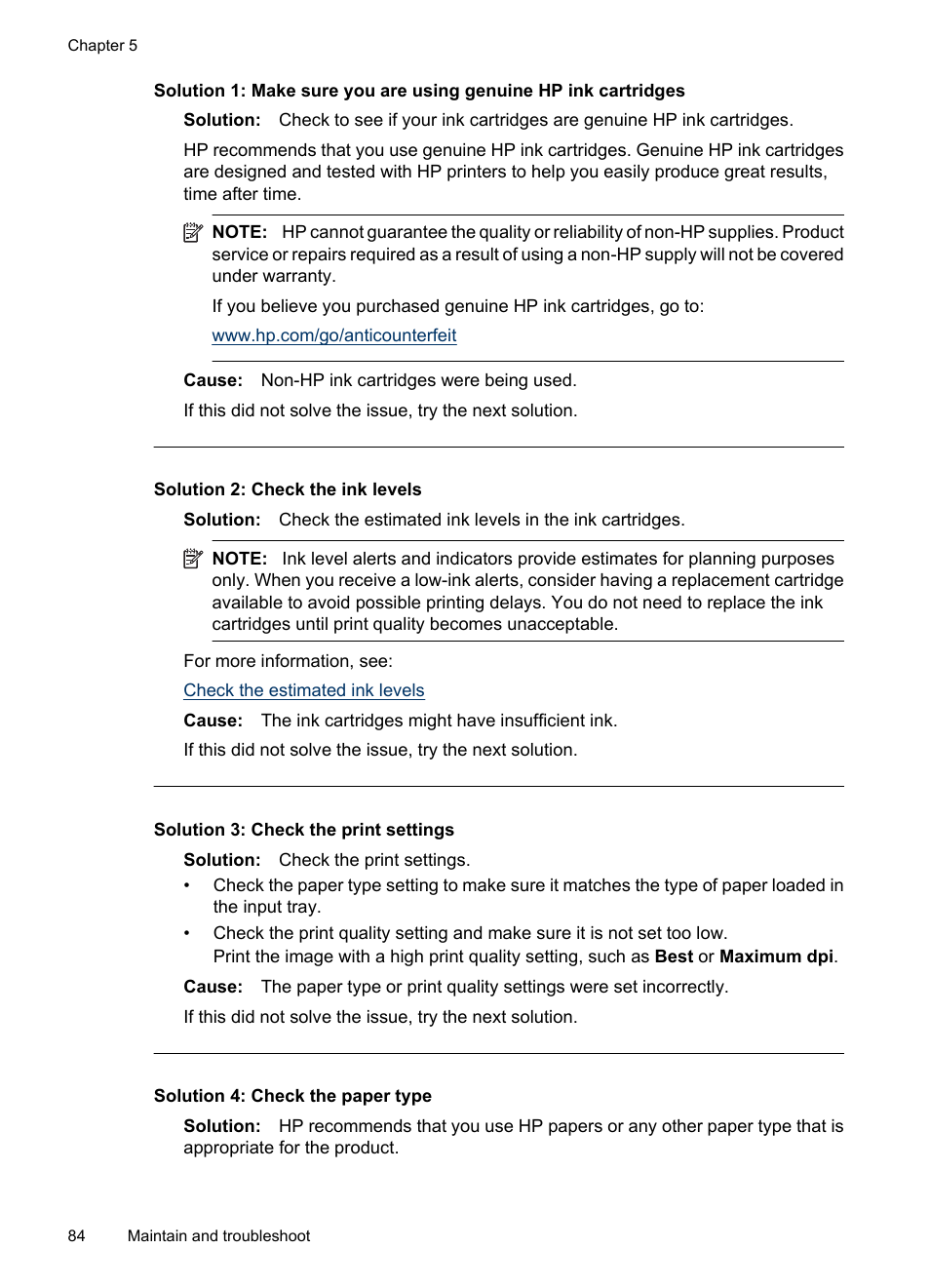 Solution 2: check the ink levels, Solution 3: check the print settings, Solution 4: check the paper type | HP Officejet 6000 User Manual | Page 88 / 168